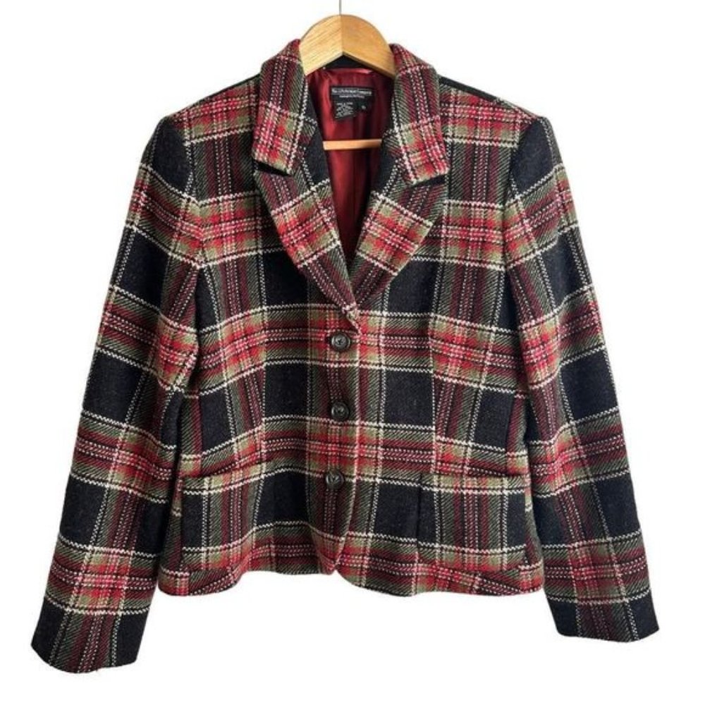 J Peterman Company?Vintage Red Black and Green Plaid Wool Blazer